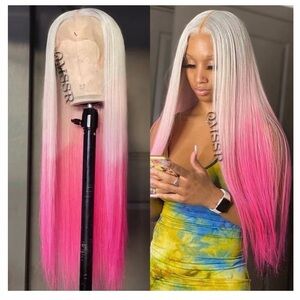 Blonde to Pink Ombre Straight Lace Front Wig - Sleek Center Part